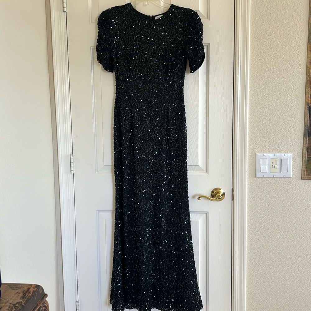 Mac Duggal Gathered Short Sleeve Beaded Gown